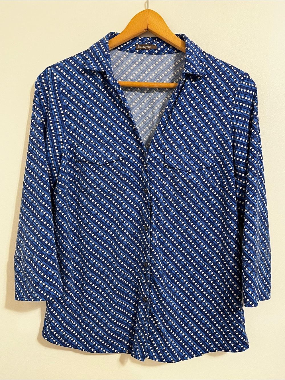 J. McLaughlin Catalina Cloth Blue Geometric Button Blouse 3/4 Sleeve Stretch - Picture 2 of 8